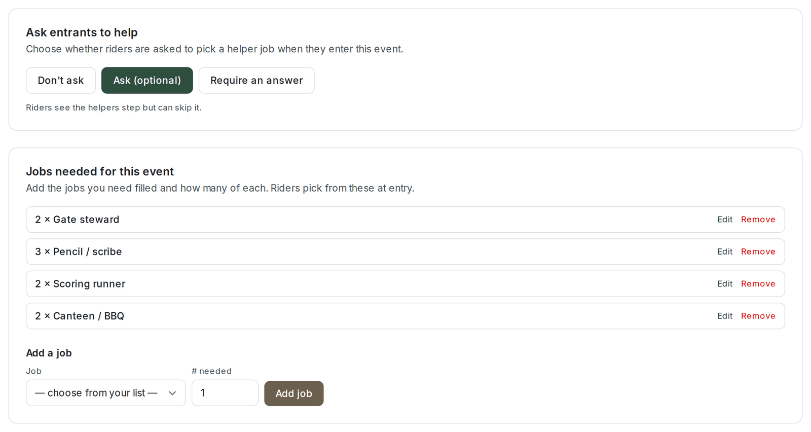 The event Helpers setup tab showing the Ask entrants to help options with Ask (optional) selected, and the Jobs needed for this event list below