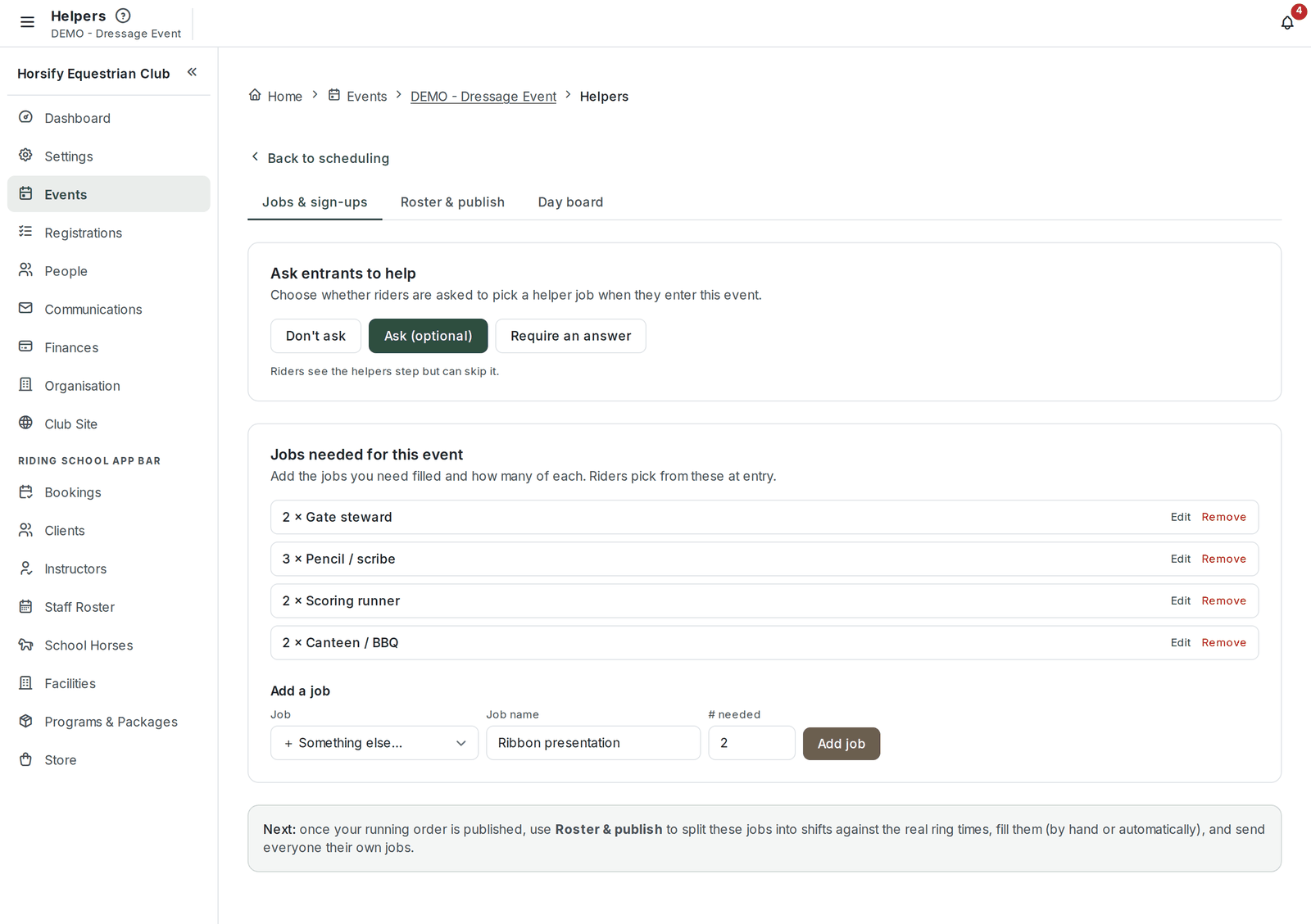 The event Helpers page on the Jobs & sign-ups tab, with the Add a job row set to Something else, a job name of Ribbon presentation and 2 needed