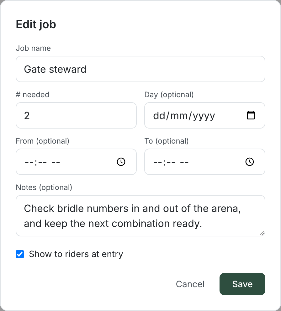 The Edit job dialog with fields for job name, number needed, day, from and to times, notes, and a Show to riders at entry checkbox