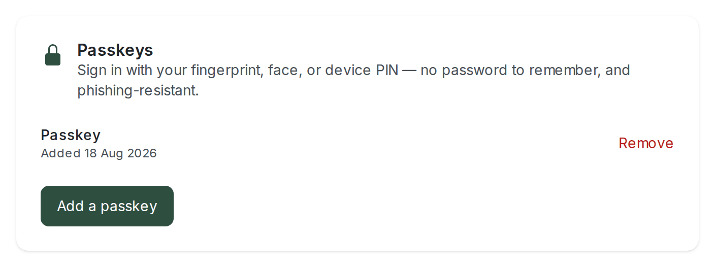 The Passkeys card after adding one, showing a "Passkey" entry with the date it was added and a red "Remove" link beside it, with the "Add a passkey" button below