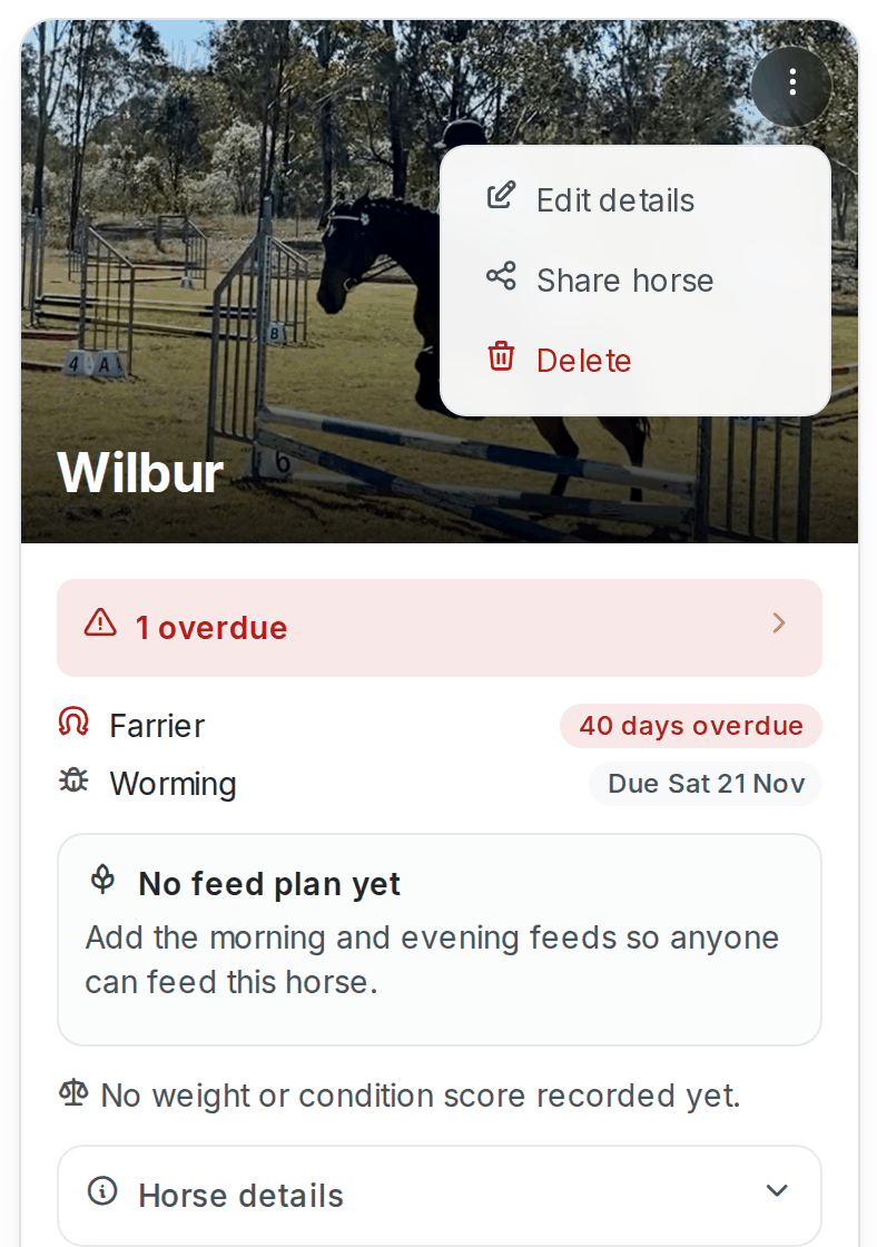 The Wilbur horse card with its three-dots menu open, showing "Edit details", "Share horse" and a red "Delete" option