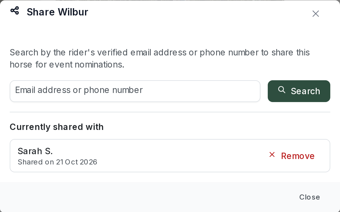 The Share Wilbur dialog after sharing: the search box is empty again and "Currently shared with" lists "Sarah S., Shared on 21 Oct 2026" with a red "Remove" button