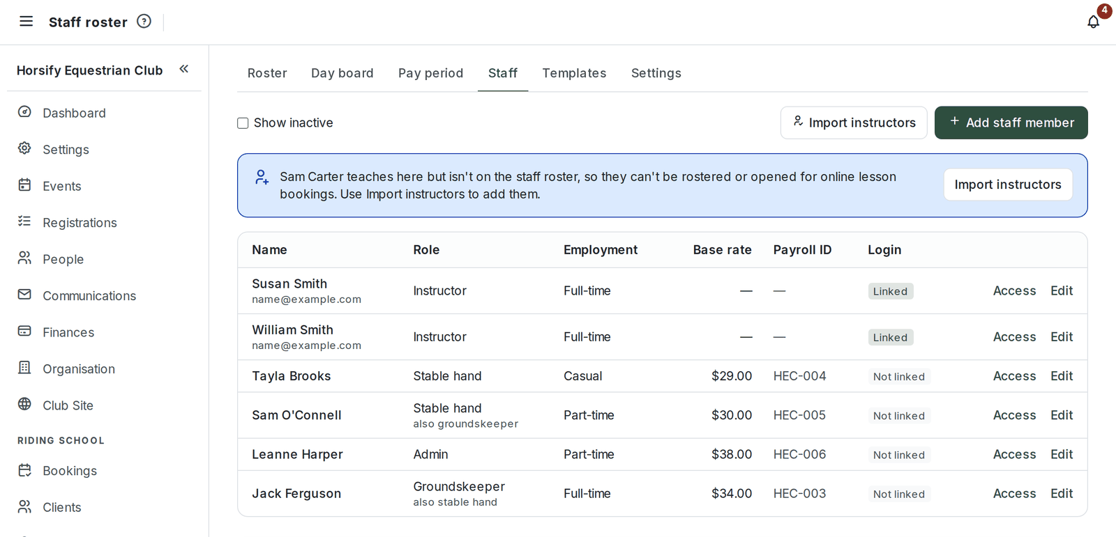 The Staff tab: name, role, employment type, base rate, payroll ID, whether each login is linked, and Access and Edit beside each person