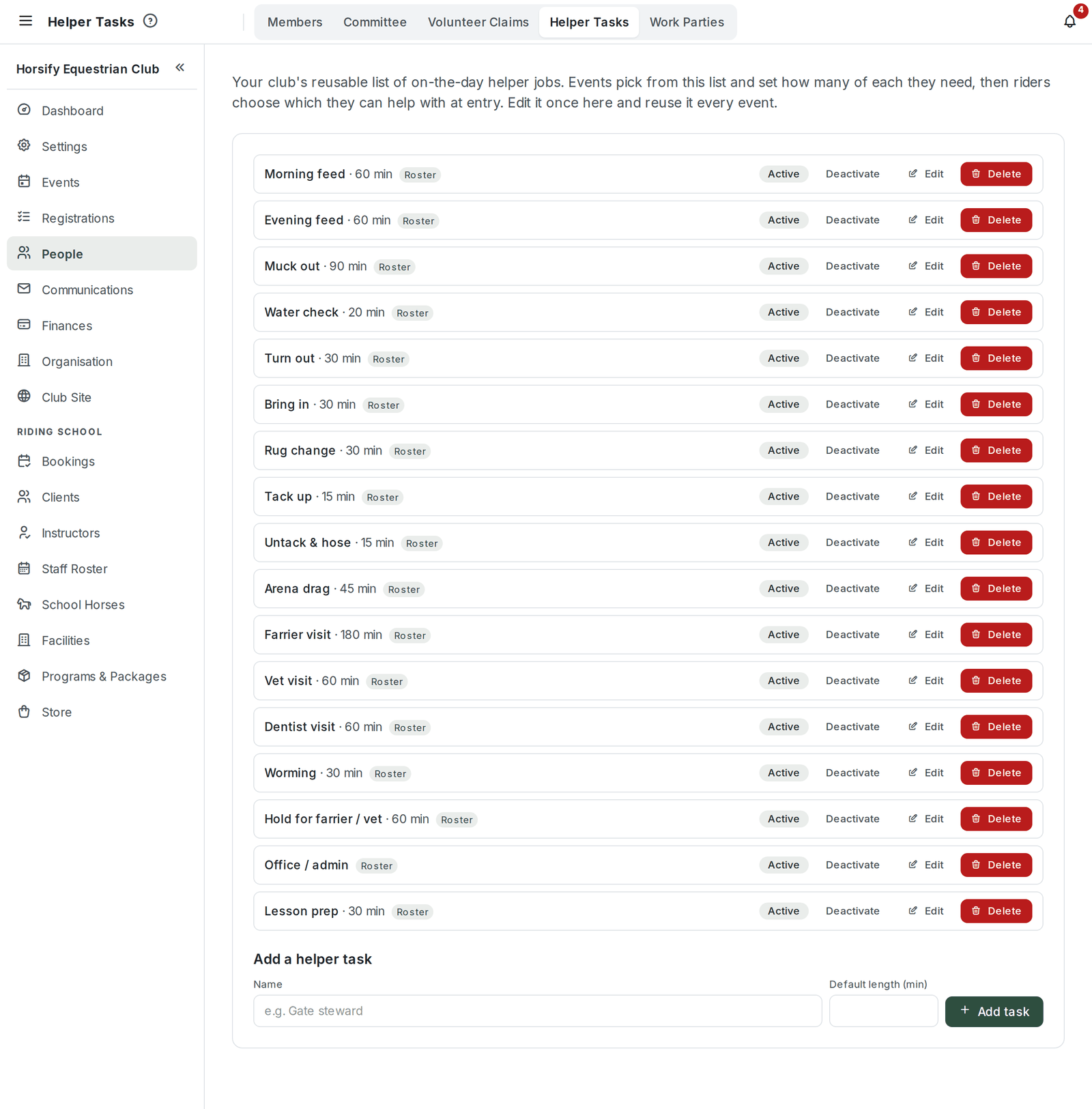 The Helper Tasks page under People: the starter yard jobs, each tagged with where it is offered (Roster, Events or both)