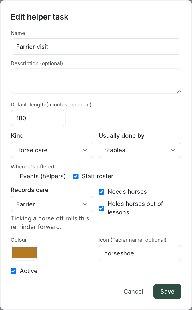 The job editor for Farrier visit: horse care, usually done by stables, records farrier care, needs horses and holds them out of lessons
