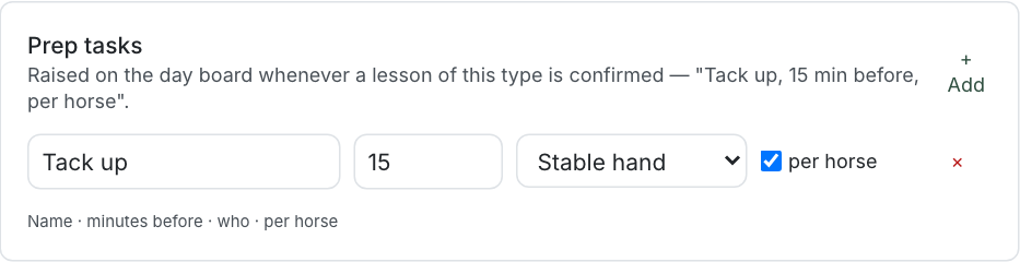 Prep tasks on a lesson type: Tack up, 15 minutes before, stable hand, per horse