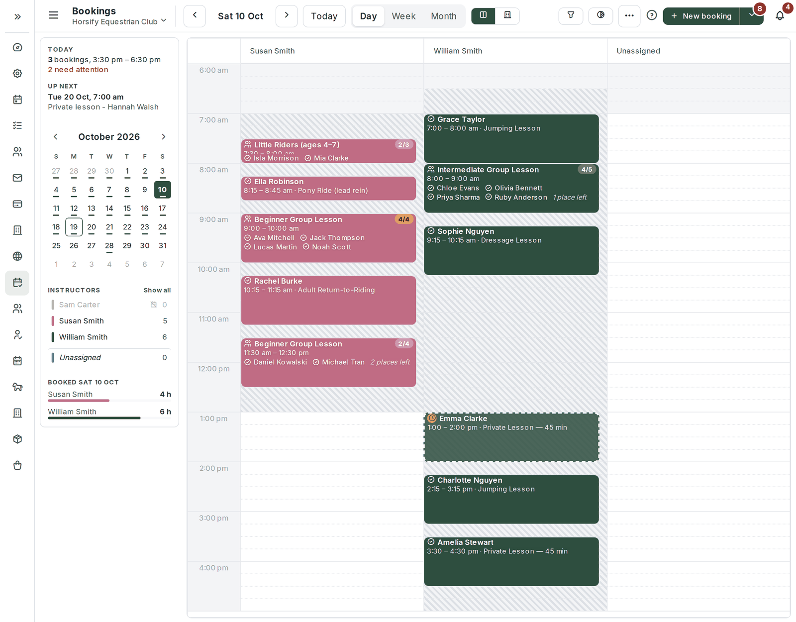 The appointment book on a Saturday with roster shading on: each coach's shift is hatched grey in their column where they are on shift but not taking online bookings