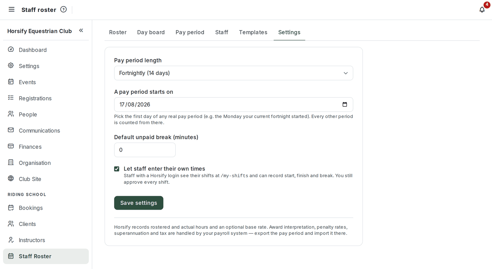 The Settings tab: pay period length and start date, default break, and staff self-service