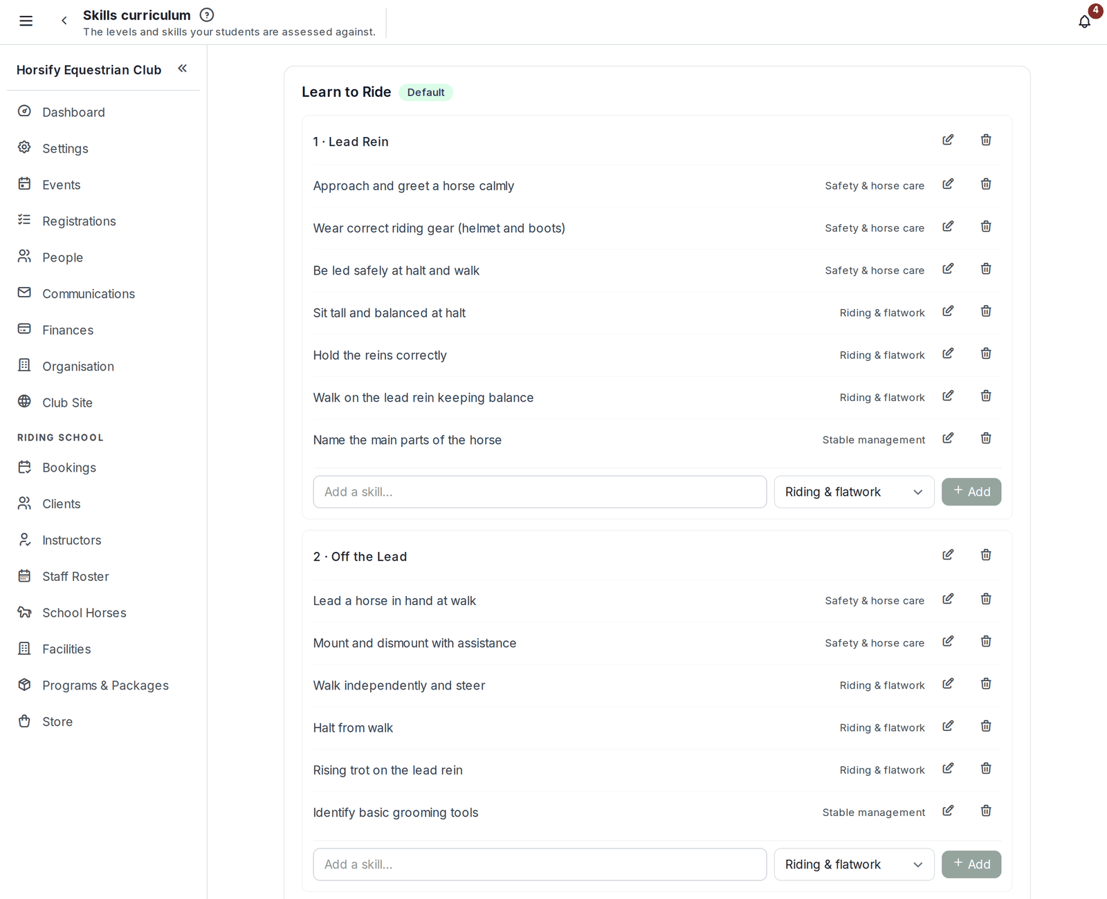 Skills curriculum page showing the Learn to Ride framework's levels, their skills with categories, and an Add a skill row under each level