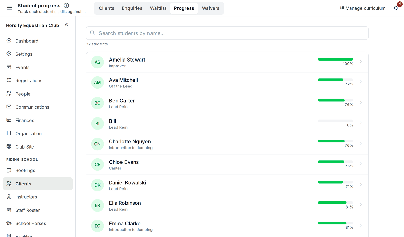 Student progress roster listing each student with their current level and a percentage bar
