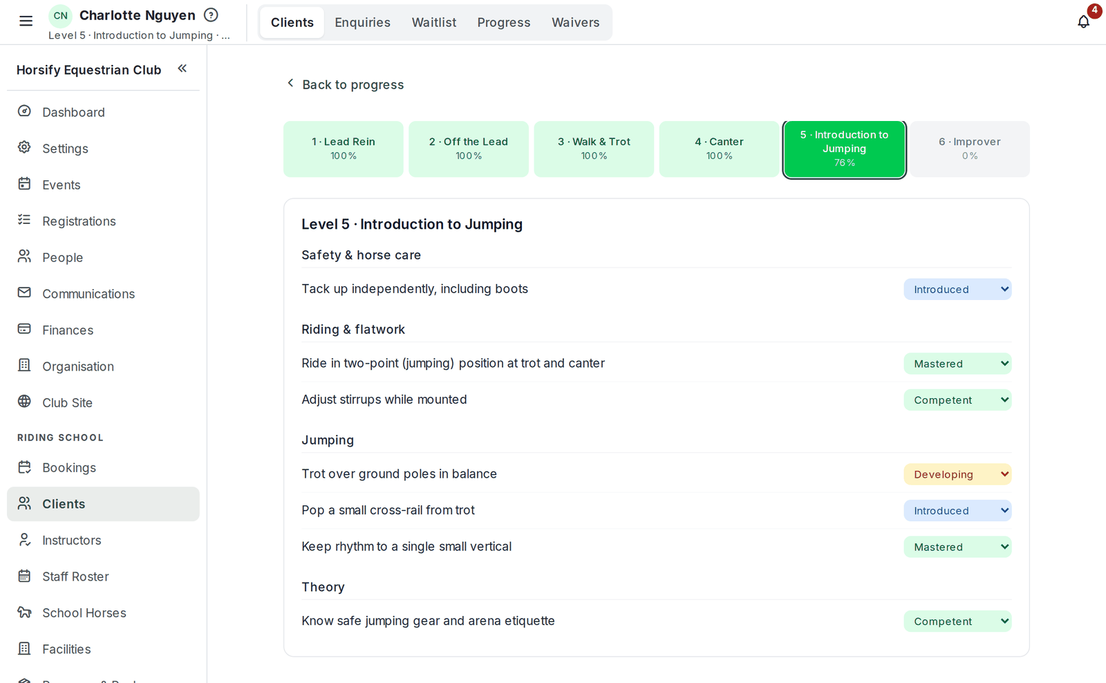 A student's progress page with the level stepper and skills grouped by category, each with a status dropdown