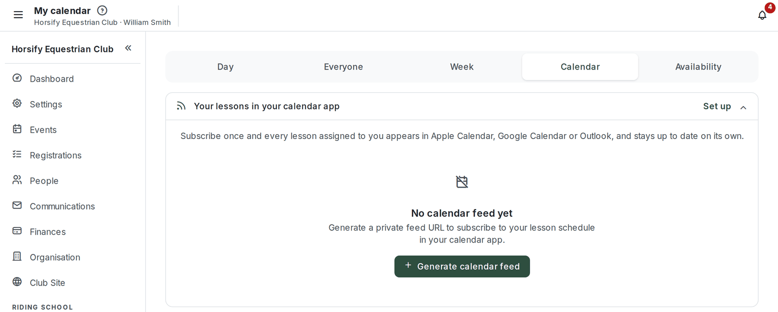 The Calendar view (titled My calendar) with the Your lessons in your calendar app strip open, showing No calendar feed yet and the Generate calendar feed button