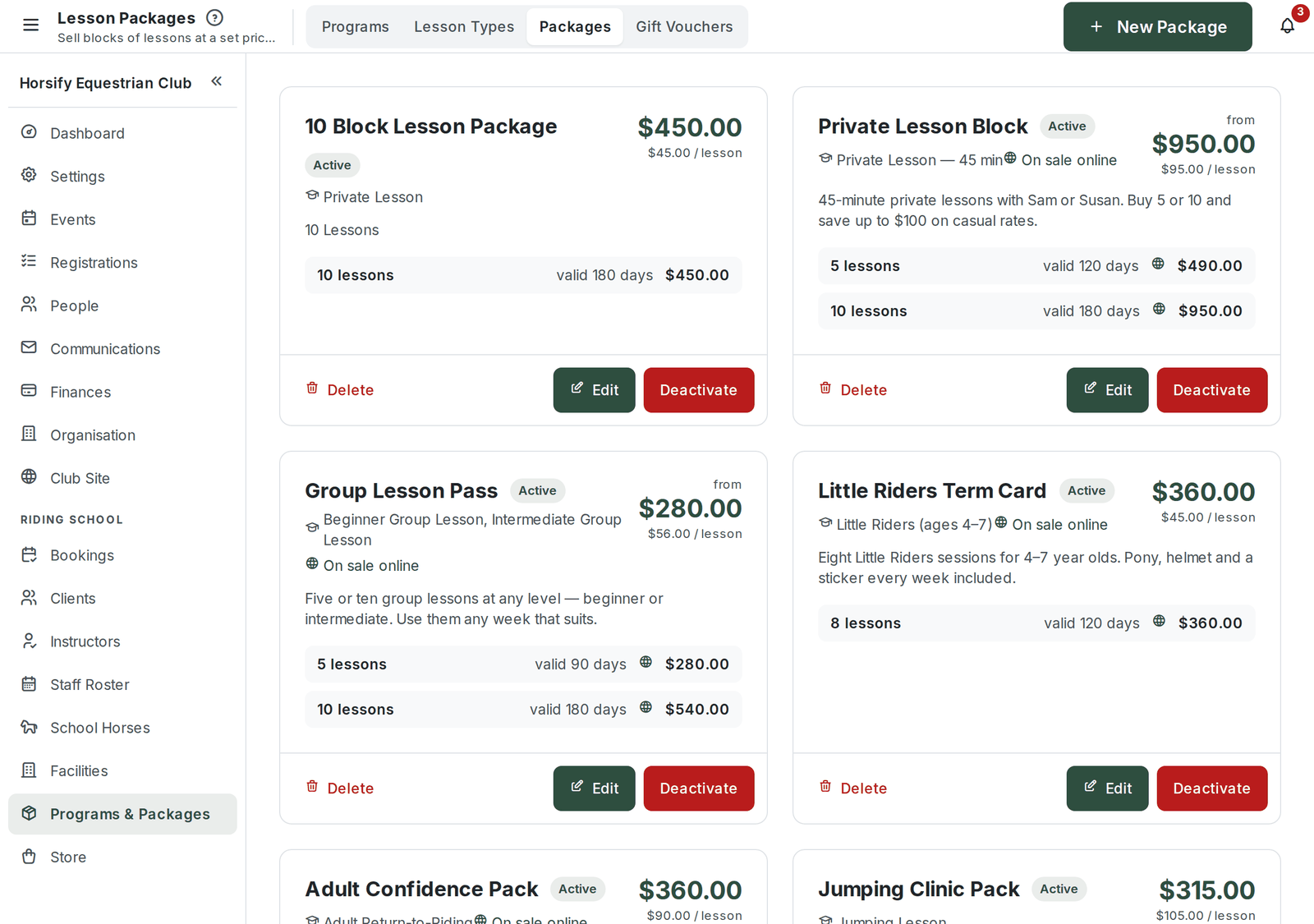 The Lesson Packages page showing package cards with price, lesson count and validity