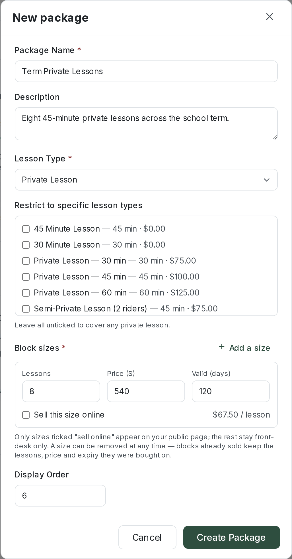 The New Package form