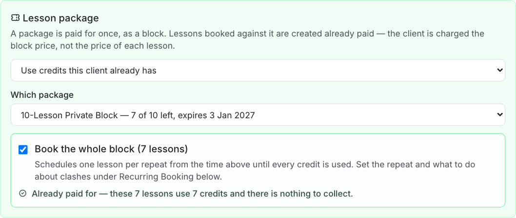 The new booking form offering to pay with the client's lesson package