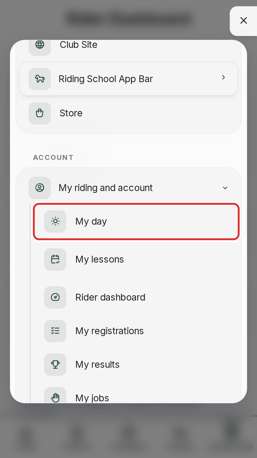 The phone menu open, with My day under My riding and account