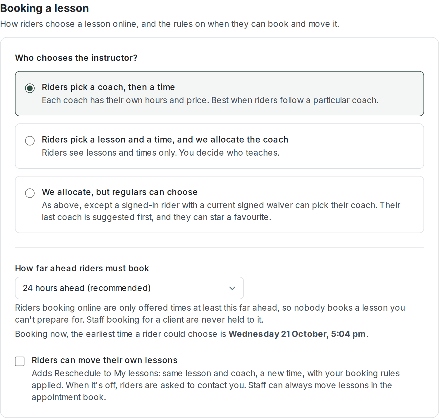 Booking a lesson section, with Who chooses the instructor? set to Riders pick a coach, then a time