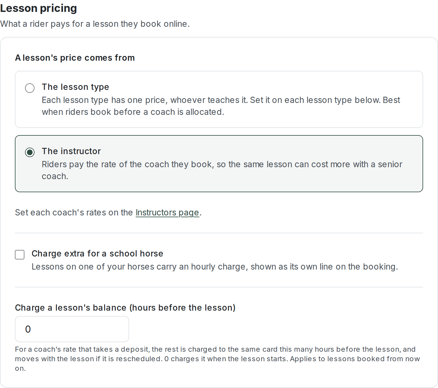 Lesson pricing section, with A lesson's price comes from set to The instructor