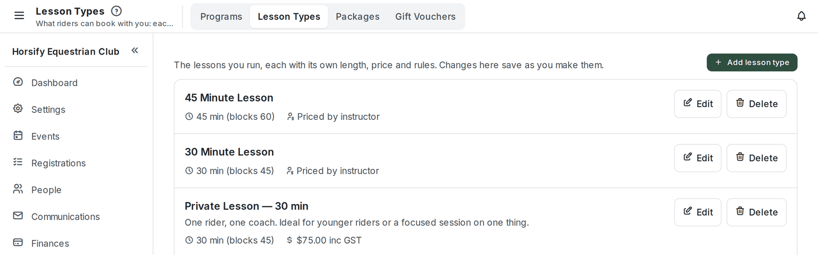 Lesson Types tab beside Programs, Packages and Gift Vouchers, with the Add lesson type button