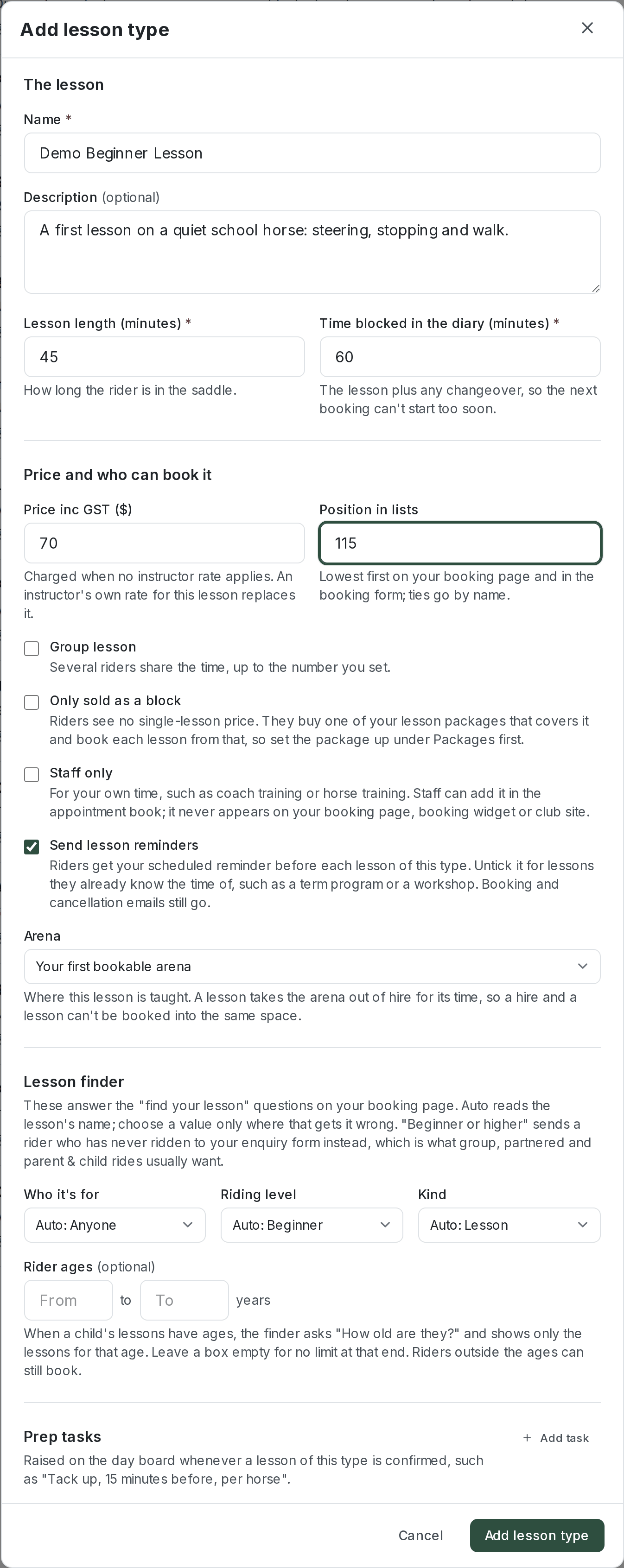 Add lesson type form filled in for a Demo Beginner Lesson: 45 minutes, 60 minutes blocked, $70