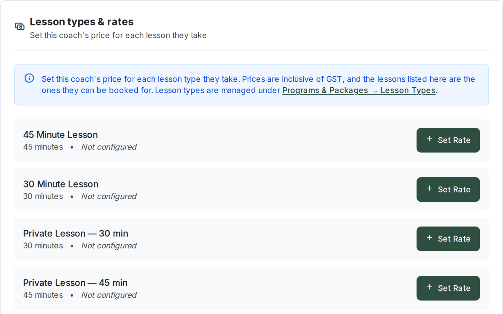 Lesson types and rates on an instructor's edit page, each row Not configured with a Set Rate button