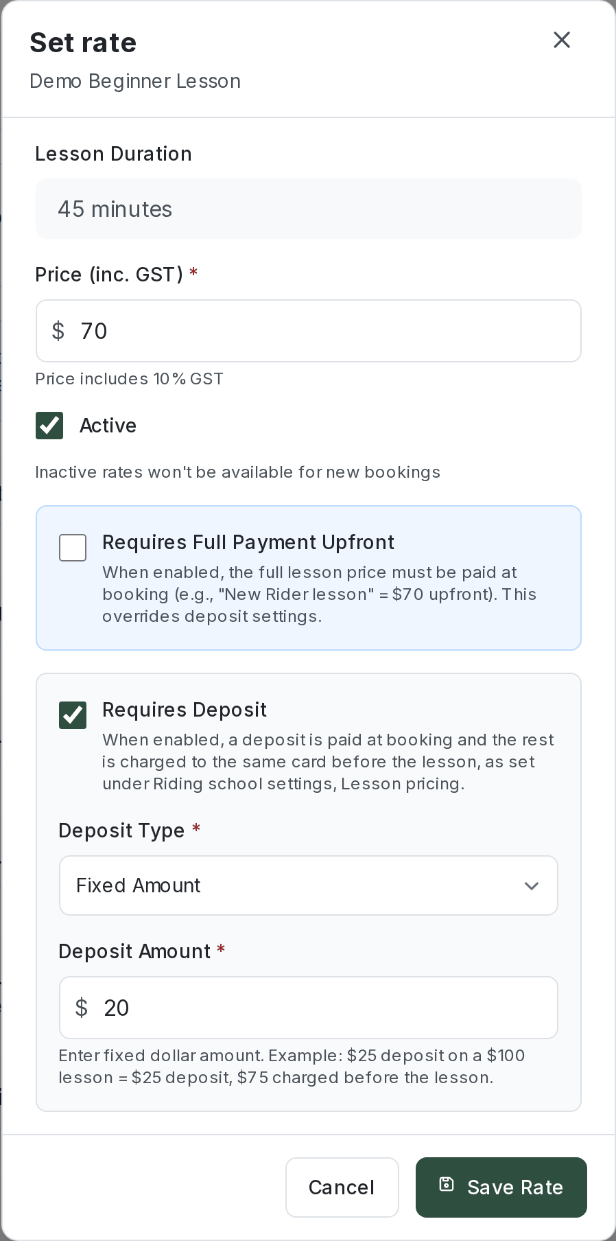 Set rate for Demo Beginner Lesson: $70 price, Requires Deposit ticked, Fixed Amount, $20