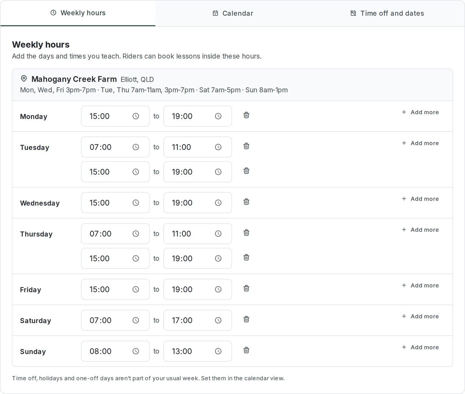 Weekly hours tab on an instructor's page at Mahogany Creek Farm