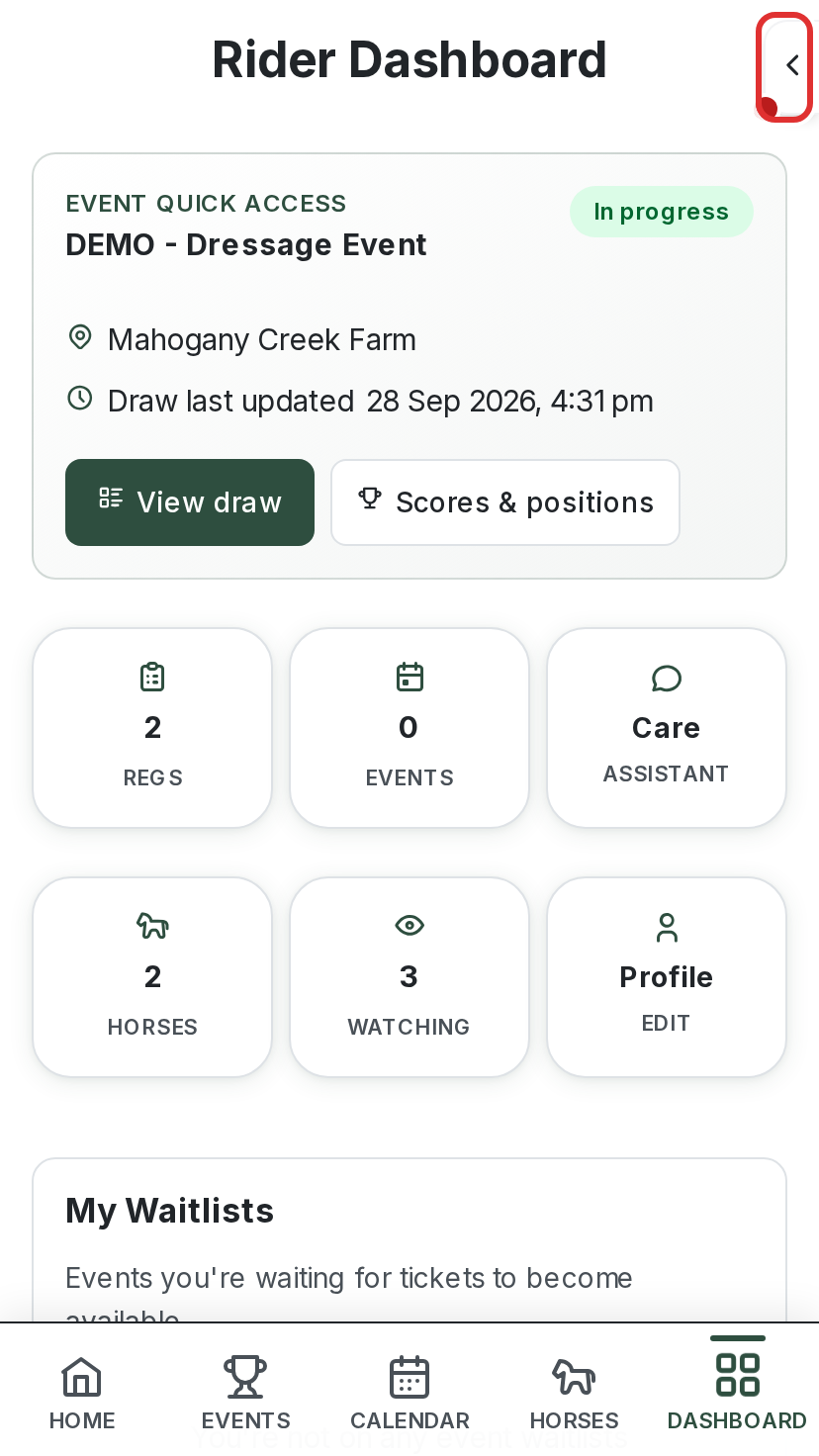 The small menu tab at the top right of the Rider Dashboard on a phone