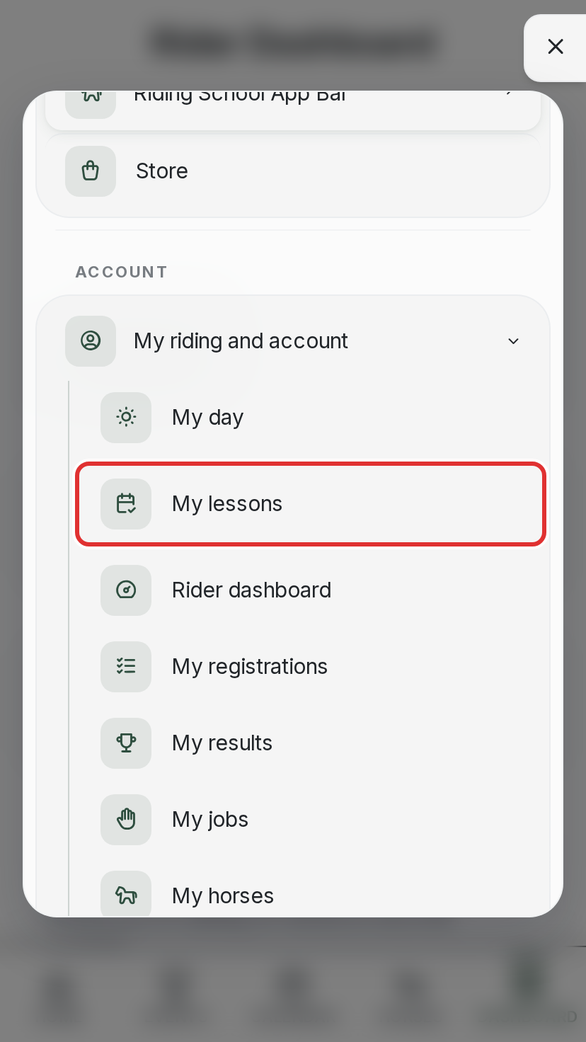 The phone menu open with My lessons highlighted