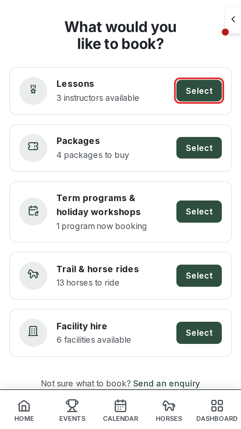 What would you like to book? with the Select button beside Lessons highlighted
