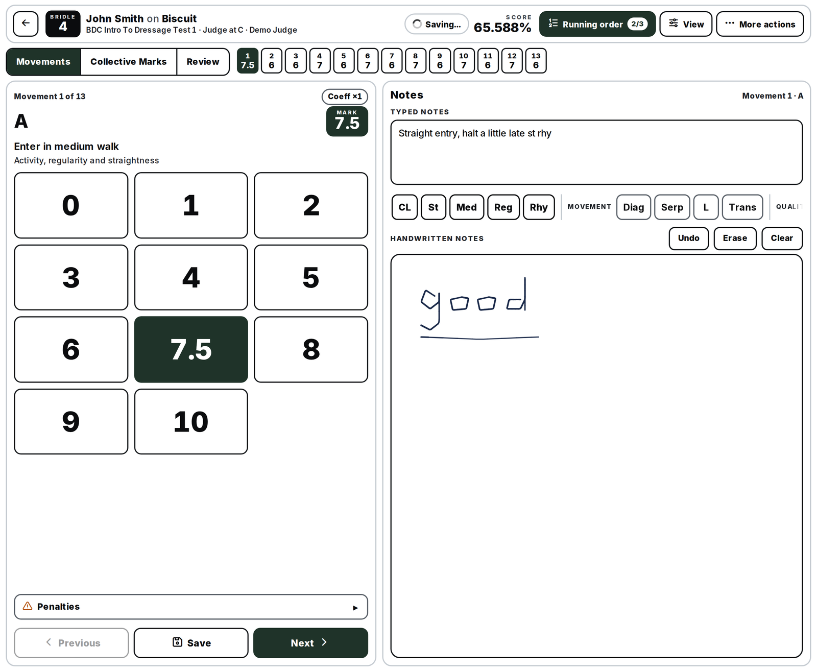 Scoring a movement: the mark buttons, the Mark badge and the Notes panel