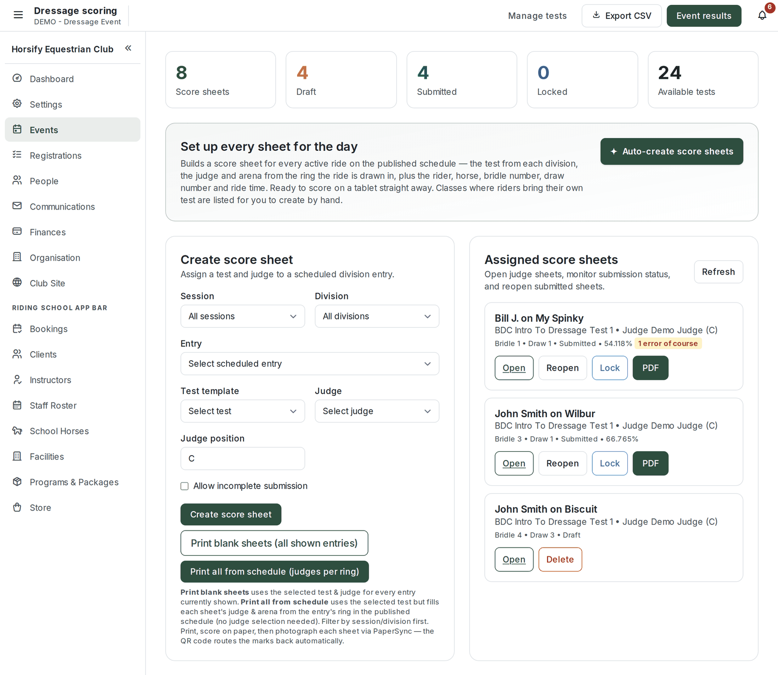 The Dressage scoring page