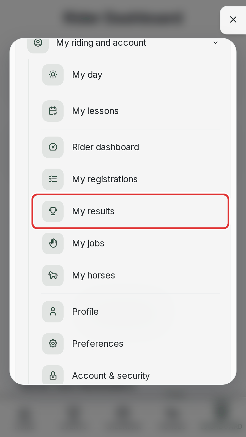 The phone menu open, with My results highlighted