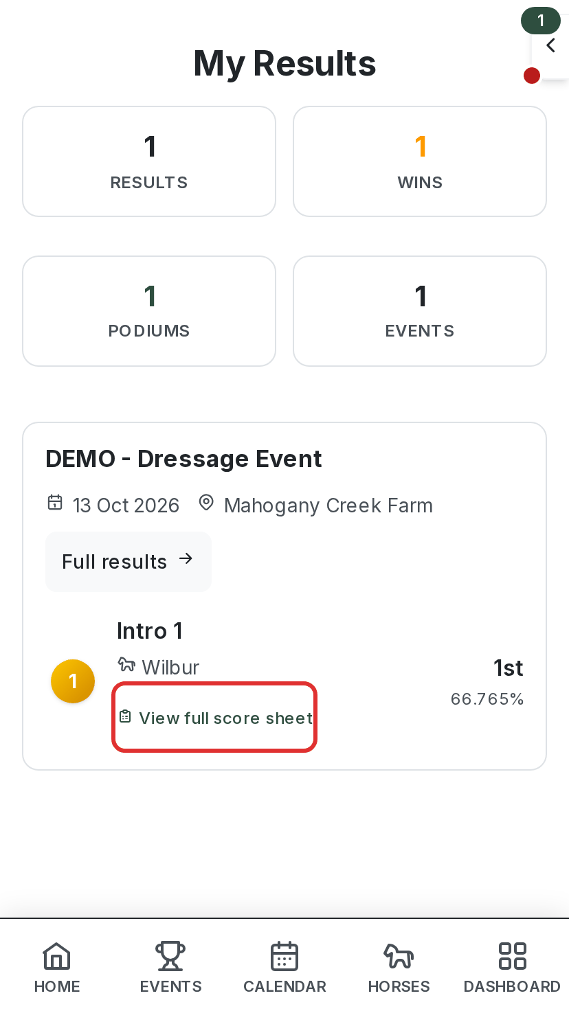 My Results on a phone, with View full score sheet highlighted