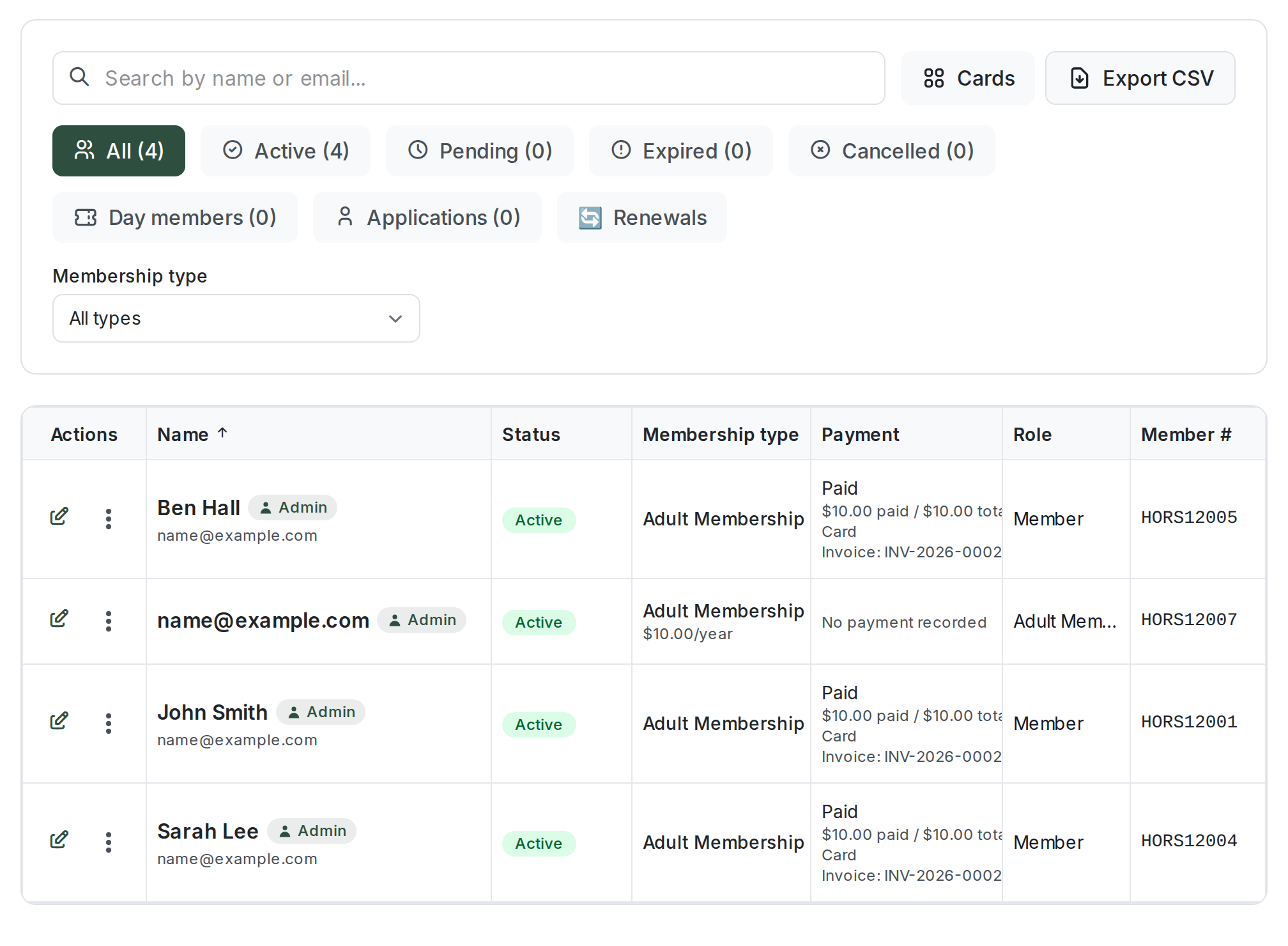 Member list in table view with the search bar, status tabs, membership type filter, and sortable columns for name, status, membership type, payment, role and member number