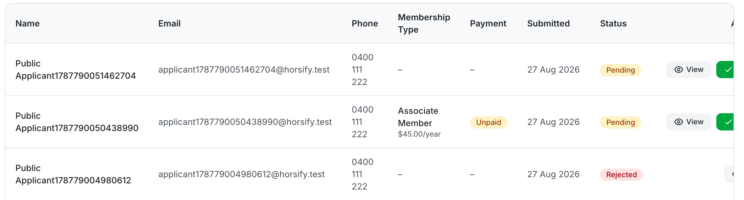 Applications list with name, email, phone, membership type, payment, submitted date and status (Pending, Rejected, Approved) for each application
