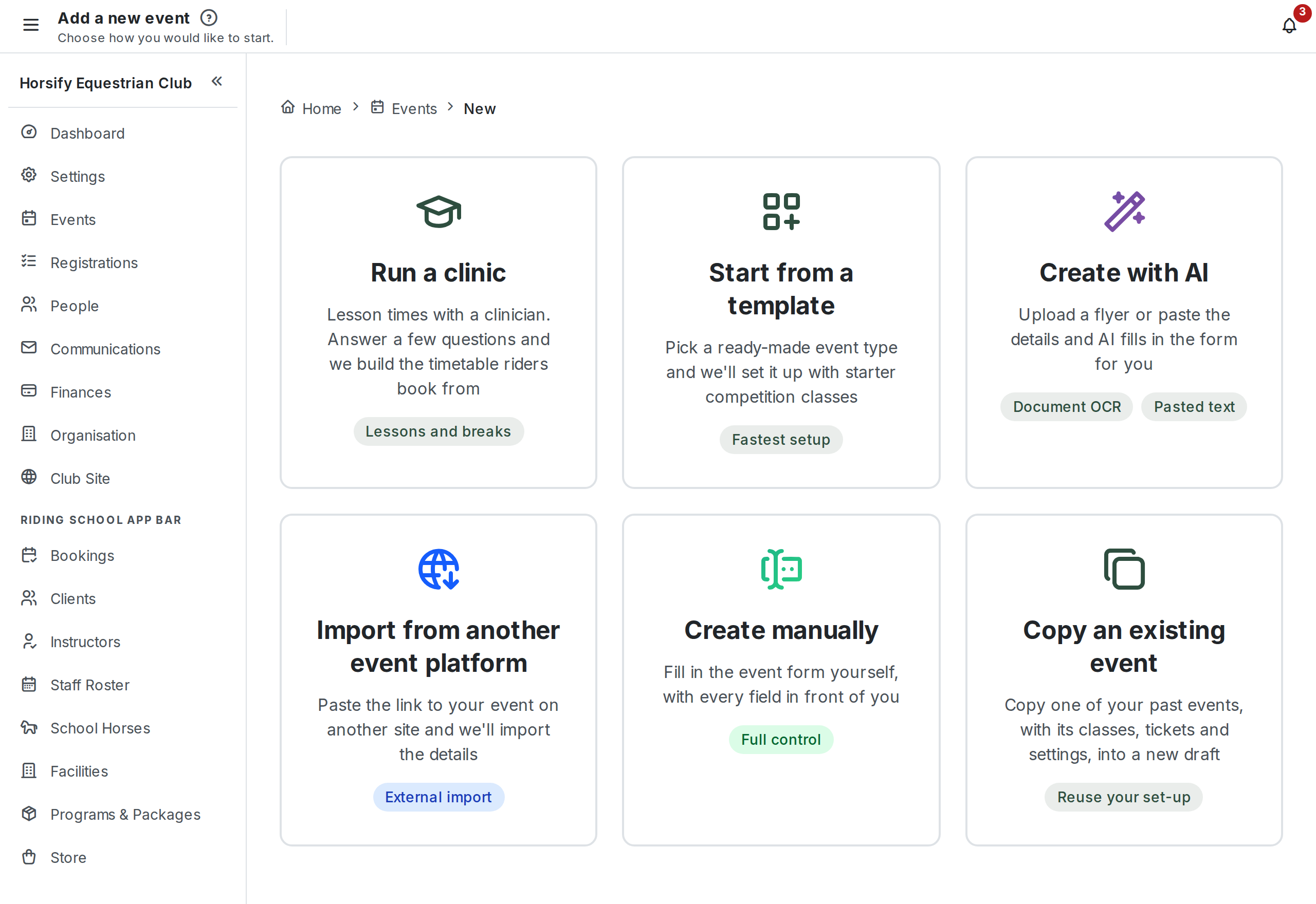 The Add a new event page showing six ways to start as cards: Run a clinic (Lessons and breaks), Start from a template (Fastest setup), Create with AI (Document OCR / Pasted text), Import from another event platform (External import), Create manually (Full control) and Copy an existing event (Reuse your set-up)