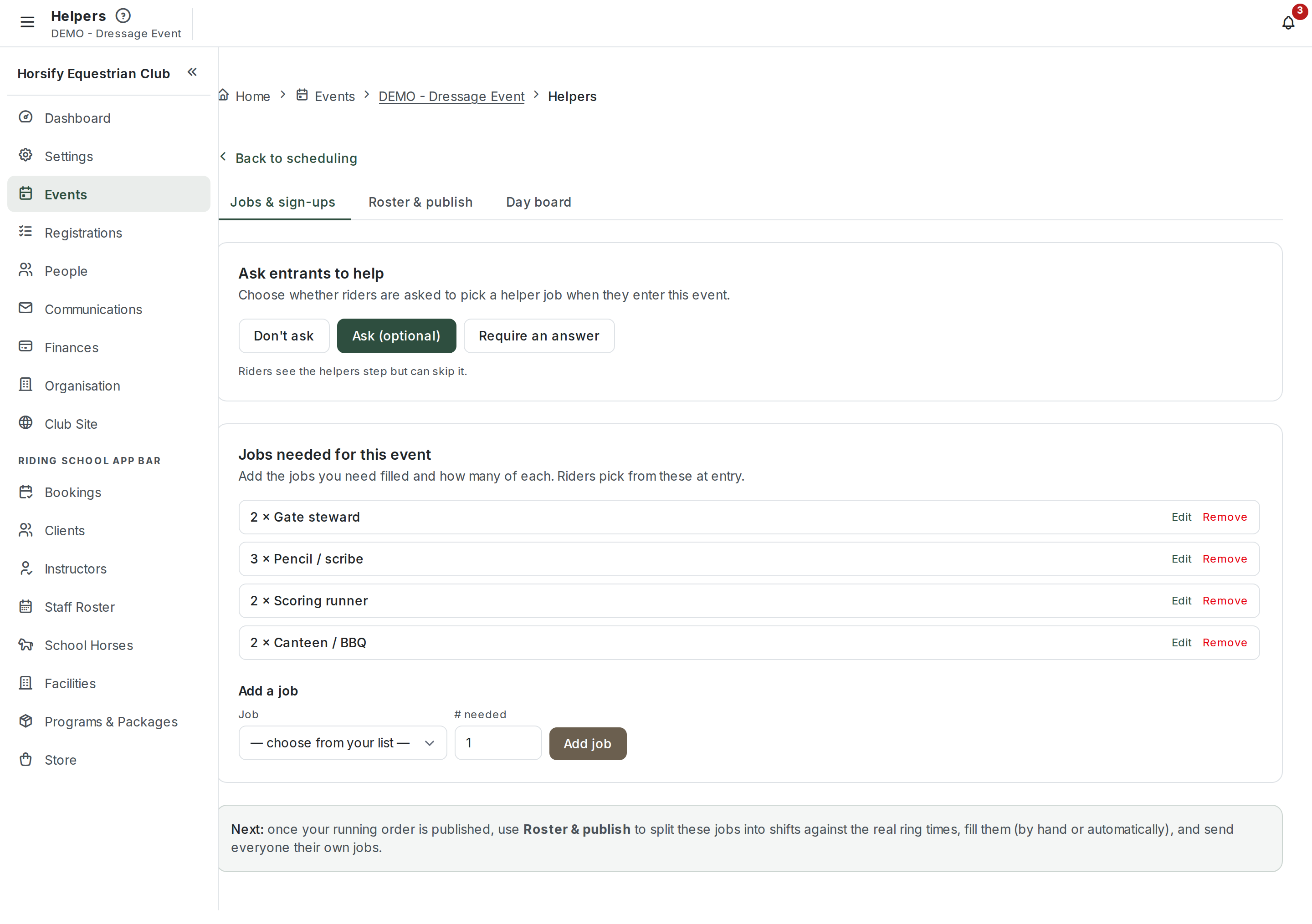 The Helpers "Jobs & sign-ups" tab showing the Ask-entrants-to-help mode selector (Don't ask / Ask optional / Require an answer) and a Jobs-needed-for-this-event list with quantities like 2 × Gate steward and 3 × Pencil / scribe, each with Edit and Remove, plus an Add-a-job form