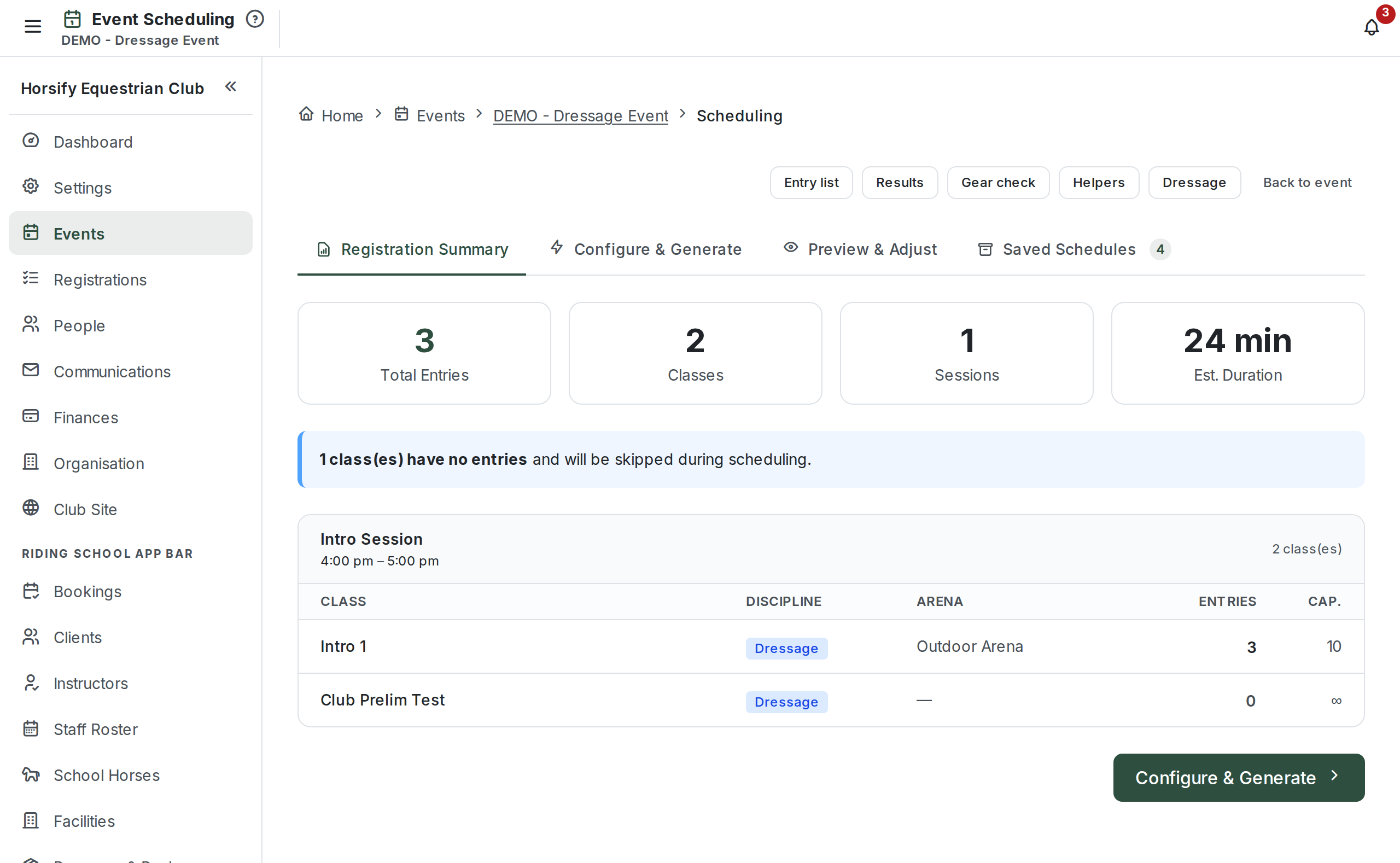 The Event Scheduling page on its Registration Summary tab, with headline tiles for Total Entries, Classes, Sessions and estimated duration, the tab bar (Registration Summary, Configure & Generate, Preview & Adjust, Saved Schedules), and a class list ready to schedule