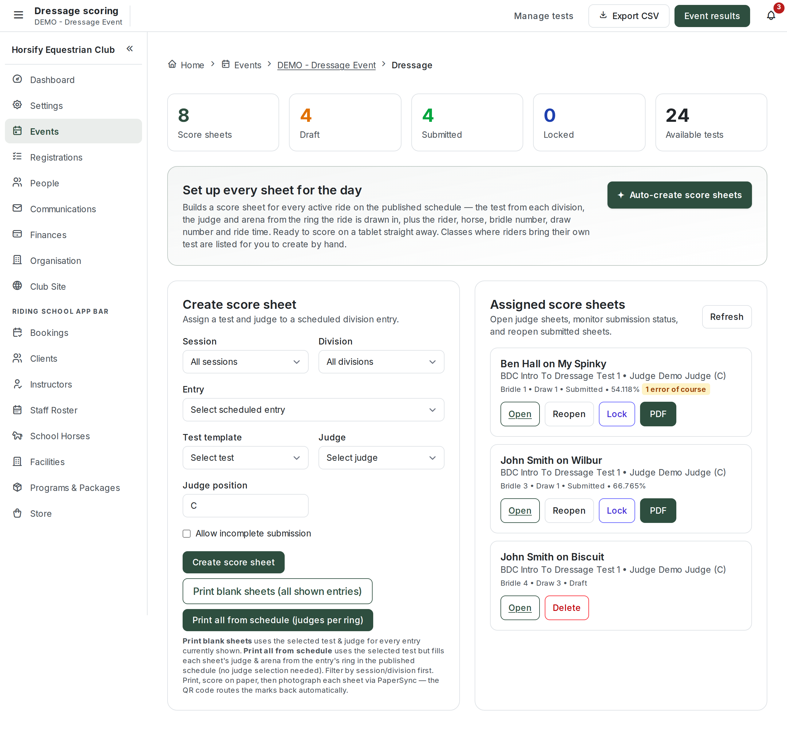 The Dressage Scoring dashboard with tiles counting score sheets, Draft, Submitted, Locked and available tests, a Create score sheet form (session, division, entry, test template, judge), and a list of assigned score sheets showing each competitor, test, judge and status with Open and PDF buttons