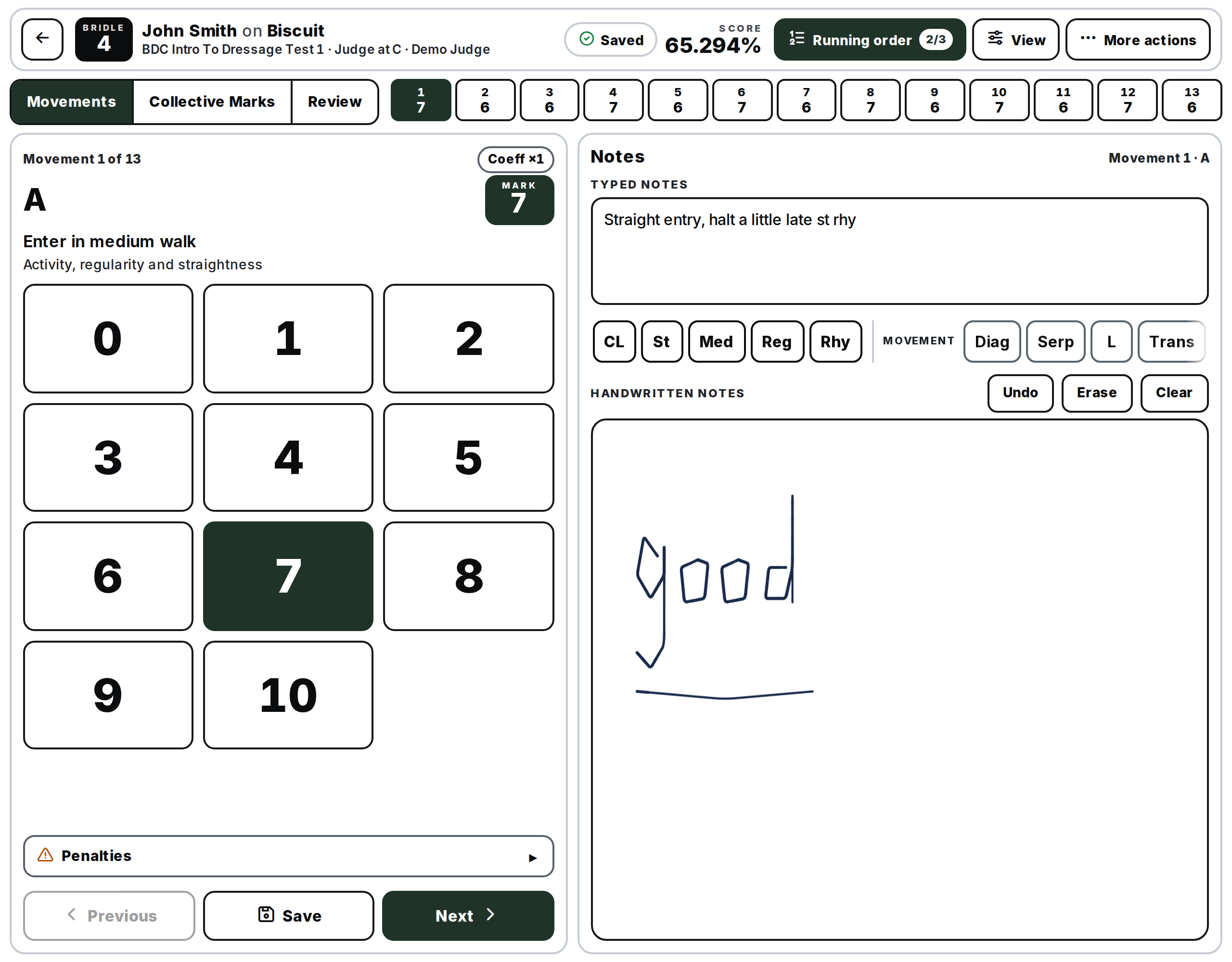A judge's dressage score sheet showing the Movements, Collective Marks and Review tabs, a movement navigator numbered 1 to 13 with each mark, the current movement with its directive and coefficient, a 0 to 10 mark pad with 7 selected, Previous, Save and Next buttons, and a Notes panel with typed notes, shorthand chips and a handwriting area