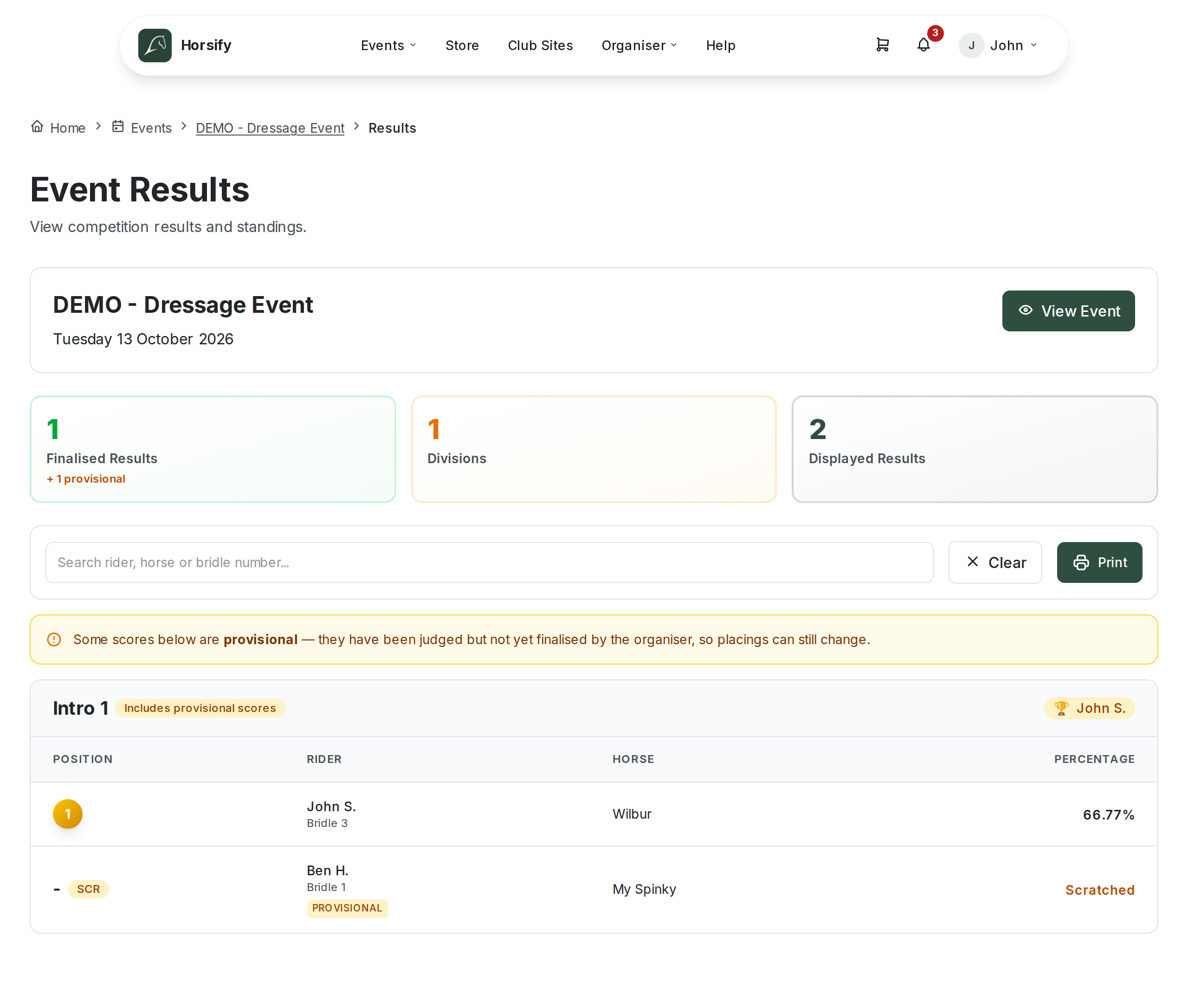 The public Event Results page with summary tiles (Finalised Results, Divisions, Displayed Results), a search box and Print button, a note that some scores are provisional, and a division result table showing a gold position badge, a leader trophy chip, rider and bridle number, horse and percentage