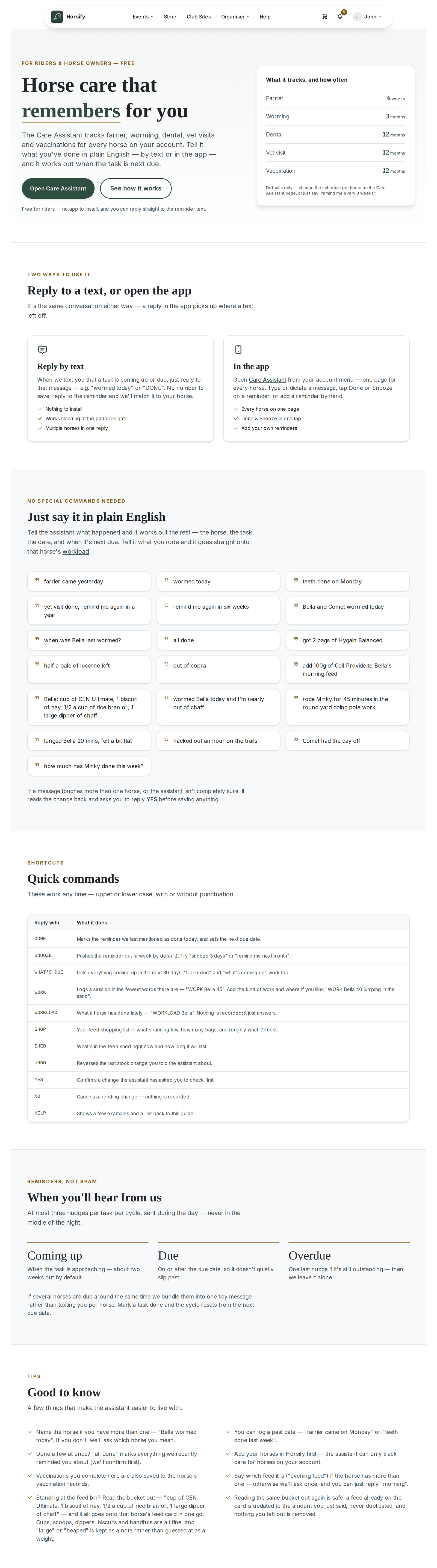 The public Care Assistant guide at horsify.com.au/care. It opens with "Horse care that remembers for you", Open Care Assistant and See how it works buttons, and a "What it tracks, and how often" panel (Farrier 6 weeks, Worming 3 months, Dental, Vet visit and Vaccination 12 months). Below are "Reply to a text, or open the app" (Reply by text / In the app), "Just say it in plain English" with example messages covering care, feed and workload, a "Quick commands" table (DONE, SNOOZE, WHAT'S DUE, WORK, WORKLOAD, SHOP, SHED, UNDO, YES, NO, HELP), "When you'll hear from us" (Coming up, Due, Overdue) and a "Good to know" list