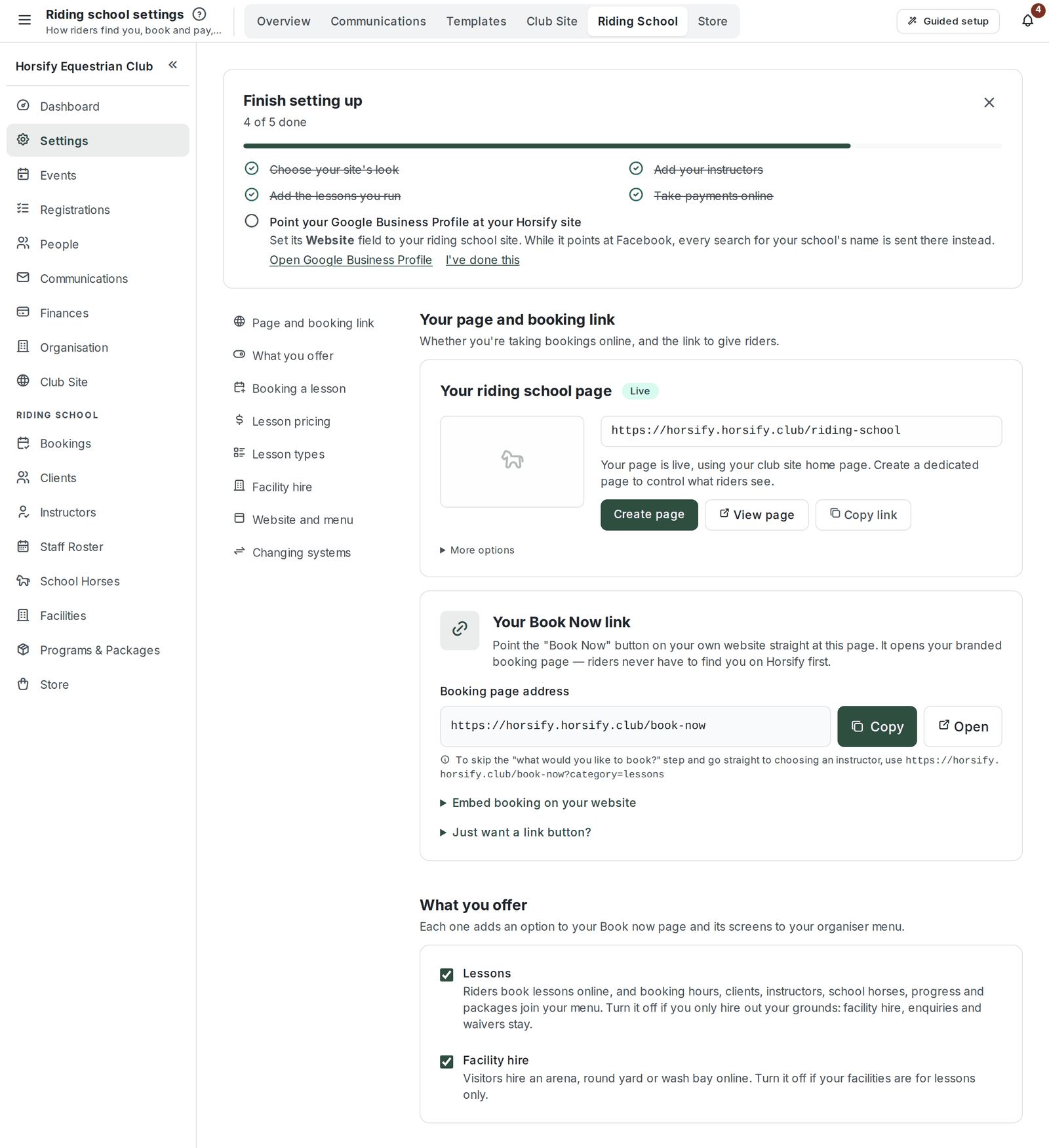 The Riding school settings page: the settings tabs along the top, a Finish setting up checklist, the section list down the left, then Your riding school page with its address, Your Book Now link and What you offer