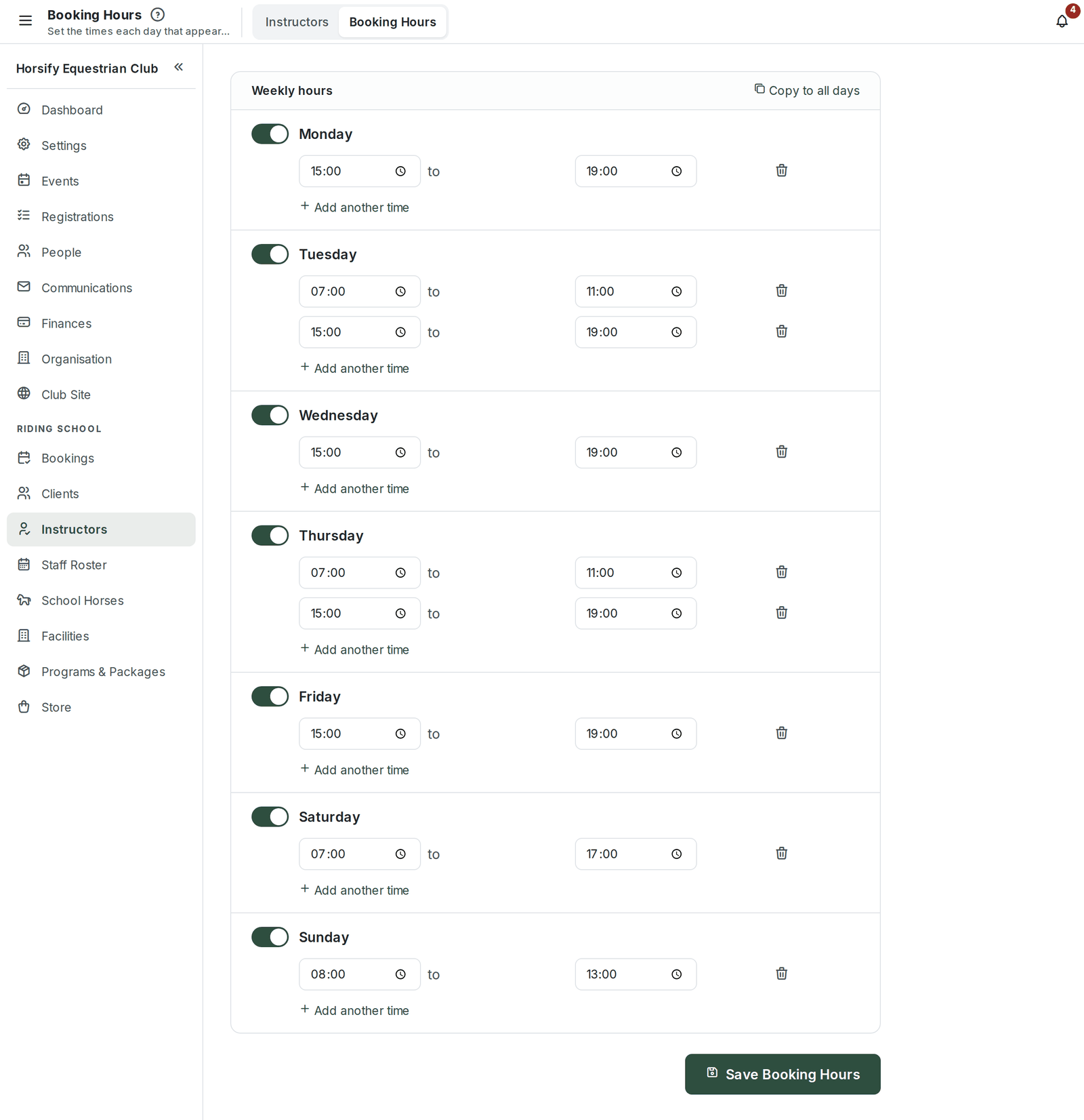 The Booking Hours page with per-day open toggles and time window rows
