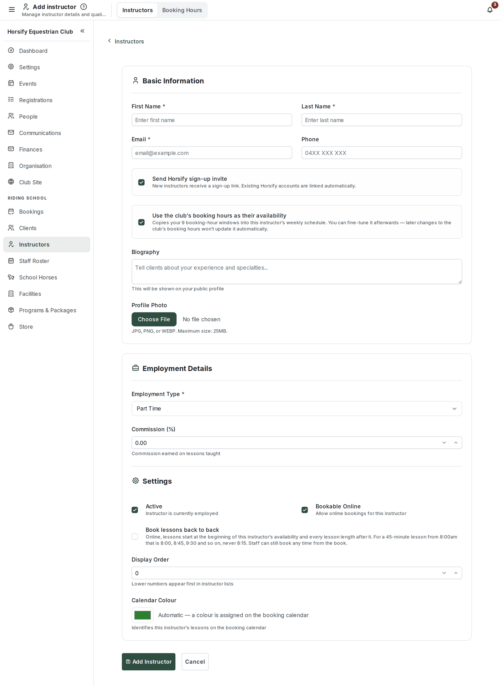 The Add Instructor form with basic information, employment details and settings sections