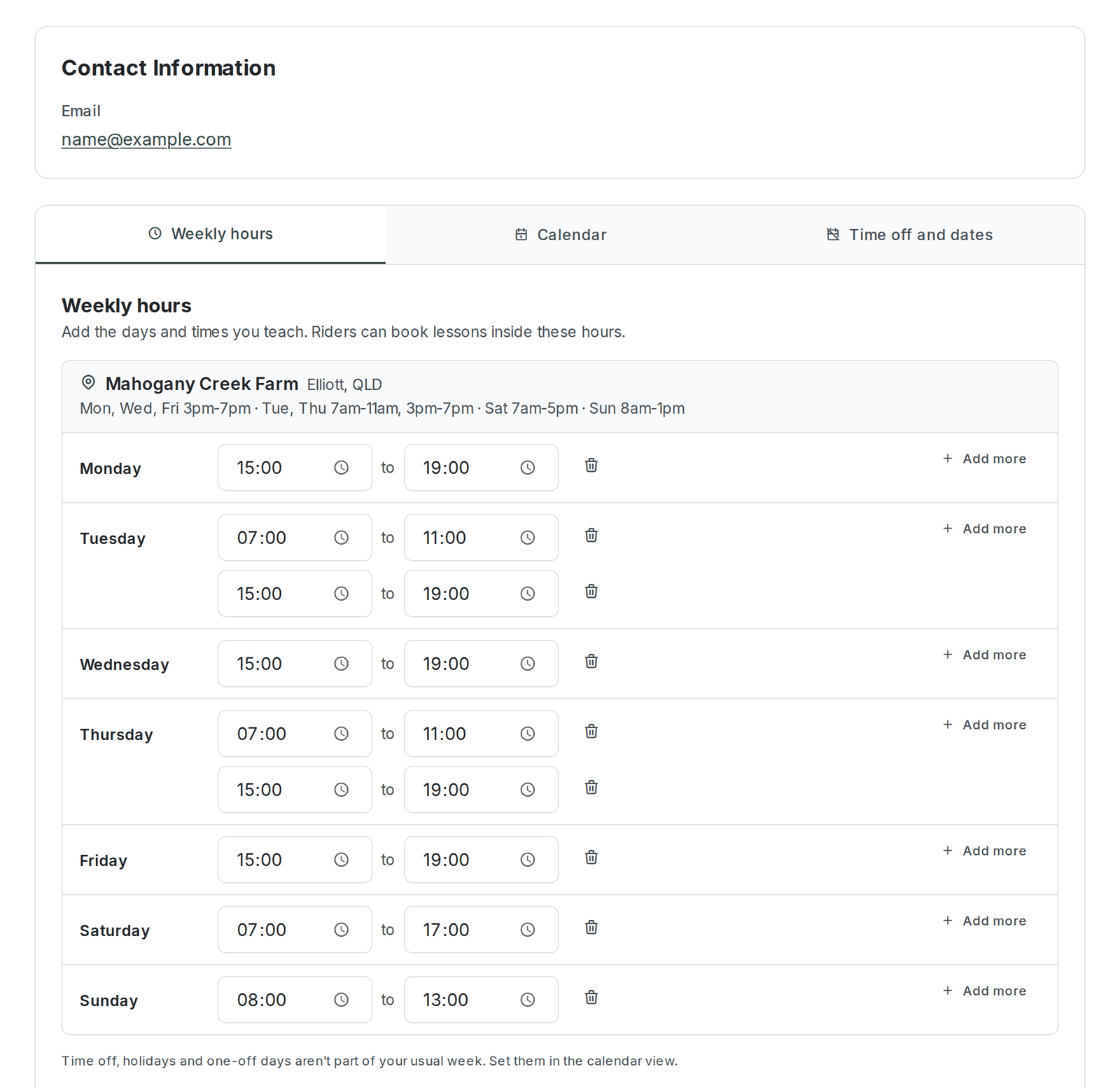 An instructor's detail page showing the availability calendar with recurring teaching slots