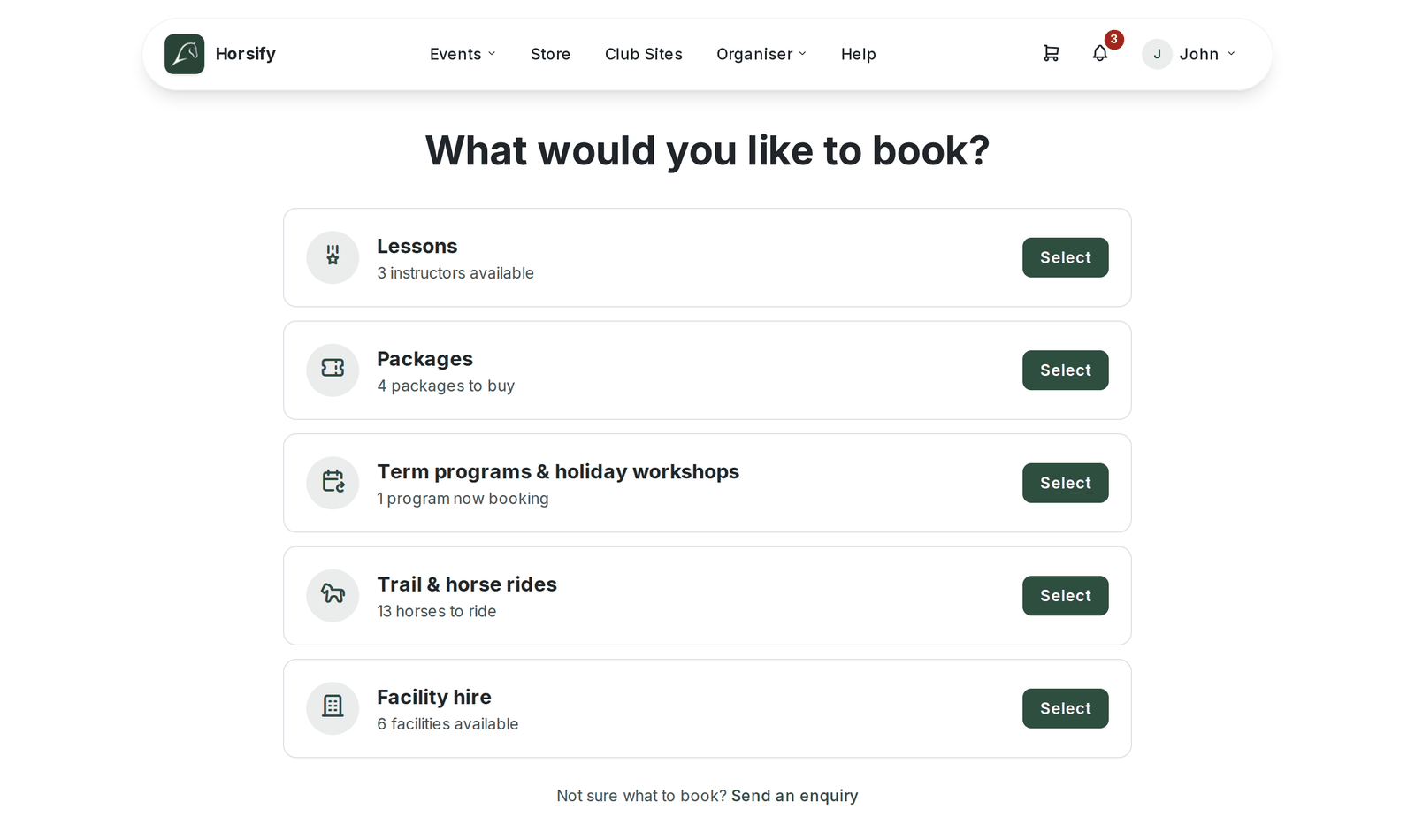 The public Book now page, where a rider chooses a lesson or facility hire