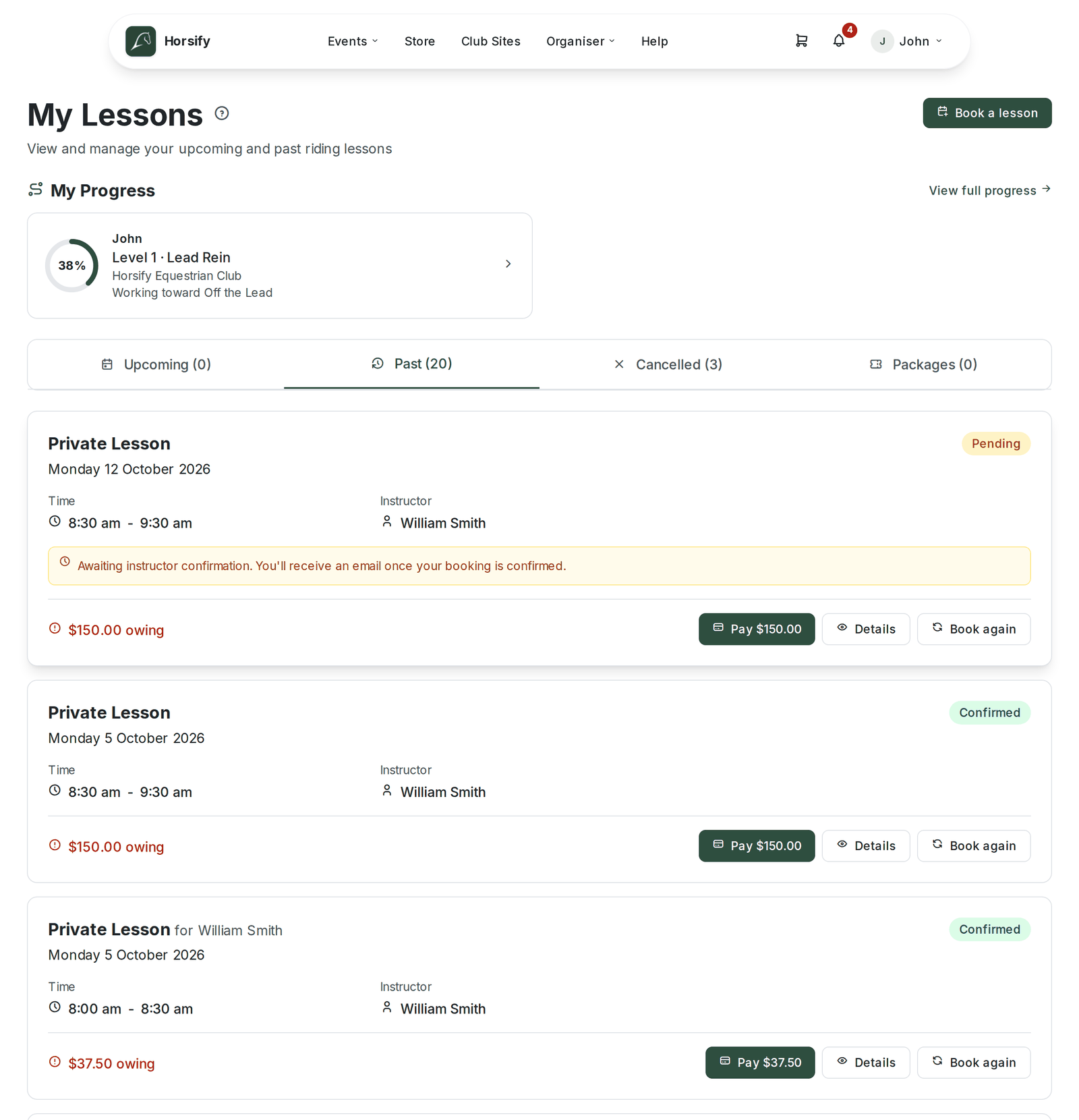 The rider's My Lessons page on its Past tab: their progress card, the Upcoming, Past, Cancelled and Packages tabs, and each lesson with its status, instructor, amount owing and Pay, Details and Book again buttons